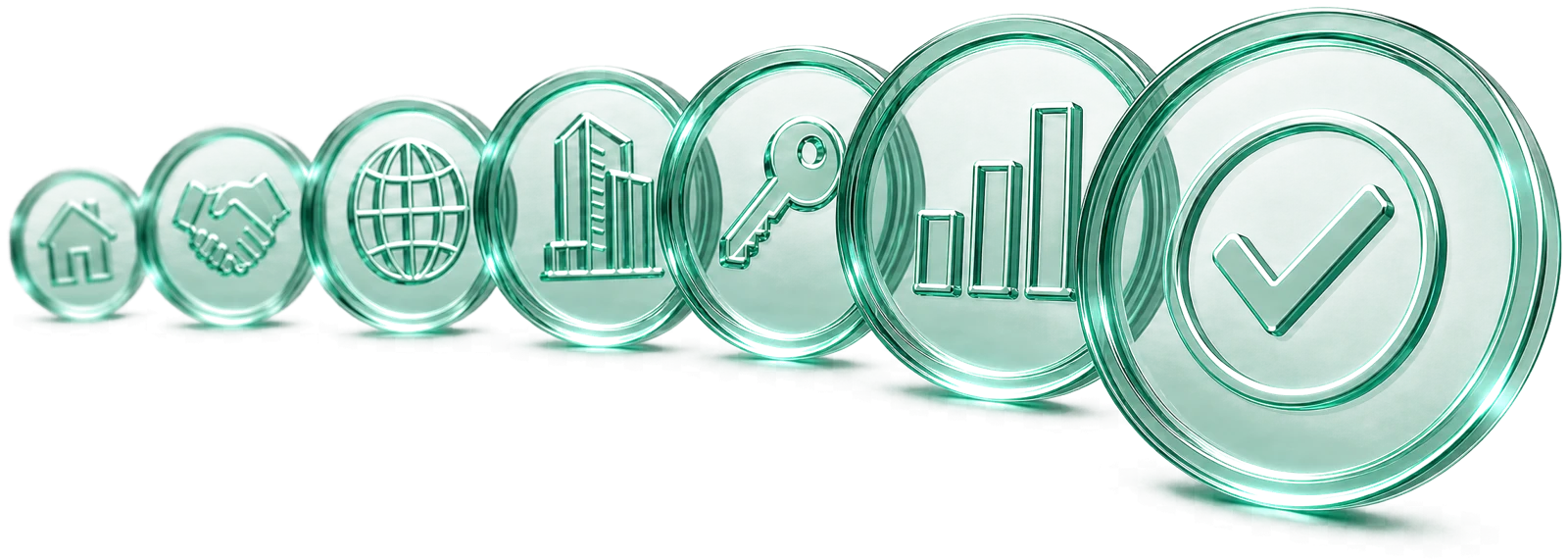 Regate partnership: home, handshake, global reach, property, key handover, growth and verified security as glass medallions
